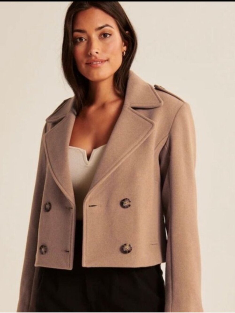 Abercrombie Fitch Wool Pea Coat Jacket Size Small Cropped Warm Caramel Tailored